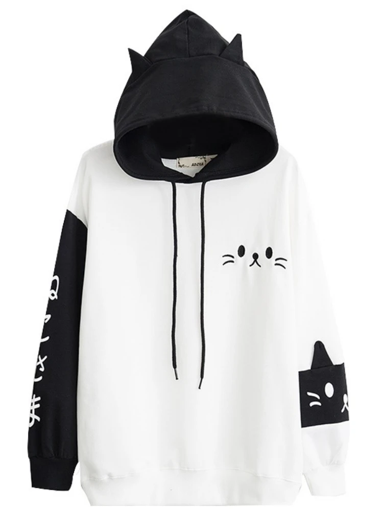 

MERRY PRETTY Women Hooded Sweatshirts Fall Winter Long Sleeve Hit Color Pullover Femme Cartoon Cat Embroidery Harajuku Hoodies