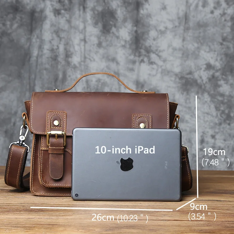 NZPJ Retro Leather Men's Mailman Bag Crazy Horse Men's Bag Top Layer  Cowhide Shoulder  Bag Casual Handbag For 10-Inch IPad