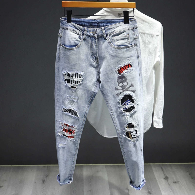 

Trousers Broken Male Cowboy Pants Graphic Jeans for Men with Print Holes Torn Ripped Goth Designer Cotton Kpop Luxury Original