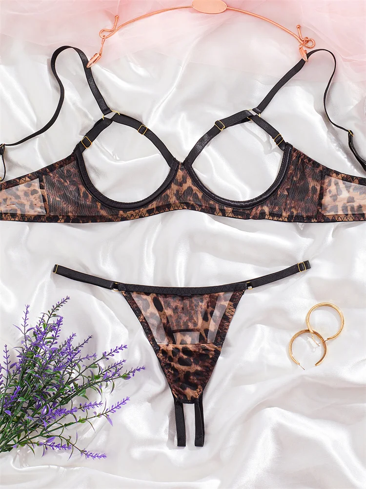 Open cup bralette with leopard print mesh, underwire shape, and adjustable straps