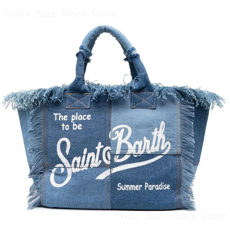 

New Handmade Tassel Handbag European And American Travel Large Capacity Women's Bag Fashion Printed Denim Handbag