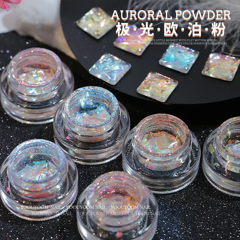 

1-JAR Aurora Opal Nail Powder Holographic Irregular Chameleon Slice Flakes Iridescent Mermaid Glitter Sequins Manicure Rub Dust