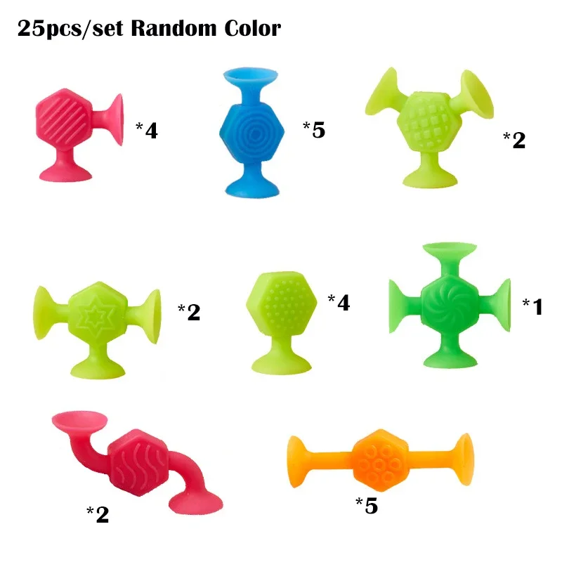 25pcs Textured Suction Cup Toys, Stacking Construction Suckers Building Set for Kids, Playroom Bath Travel Game