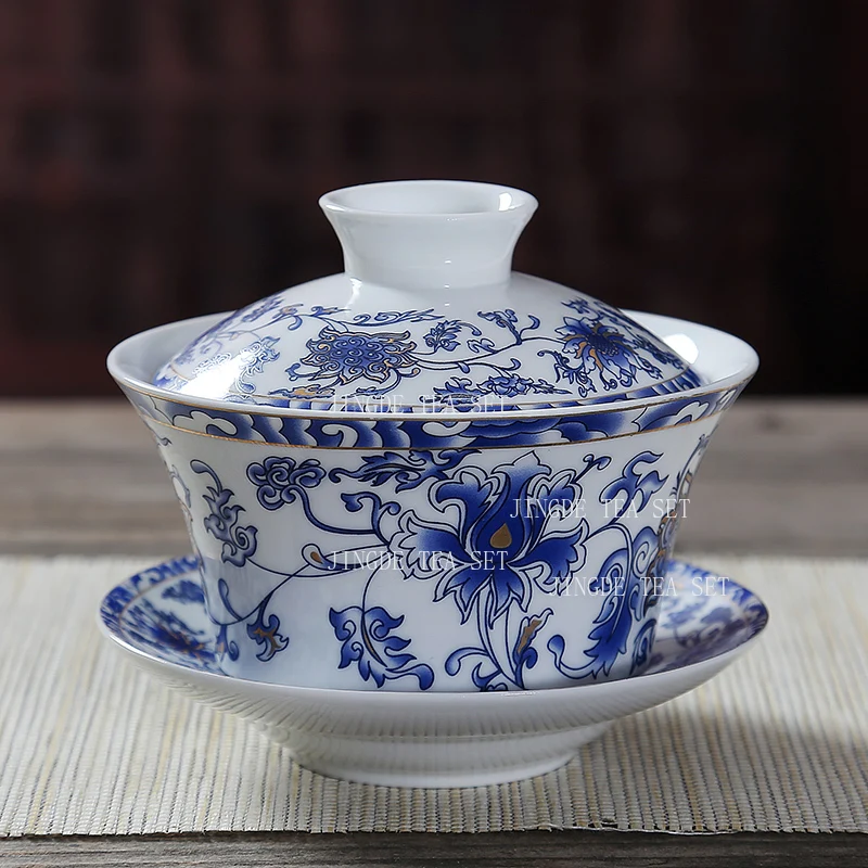 320ml Blue and White Porcelain Covered Bowl Large Chinese Household Tea Cup Porcelain Kung Fu Tea Set Sancai Tribute Tea Bowl