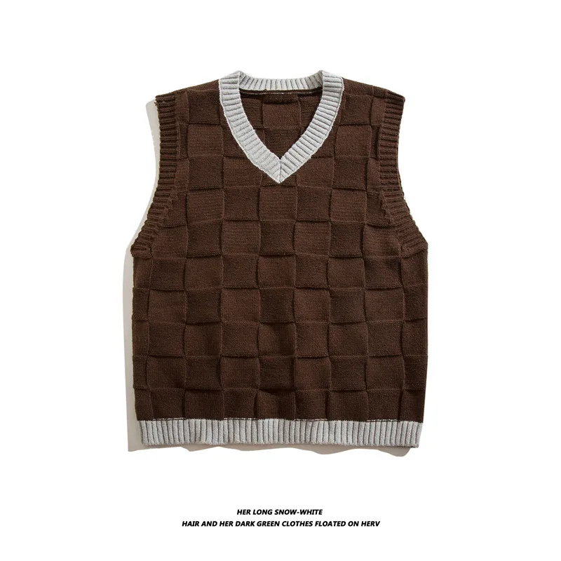 Japanese Loose Couple Argyle Sweater Vest Men's Y2K New Autumn Fashion Harajuku Plaid Man Pullover Knitted Vest Chaleco Hombre