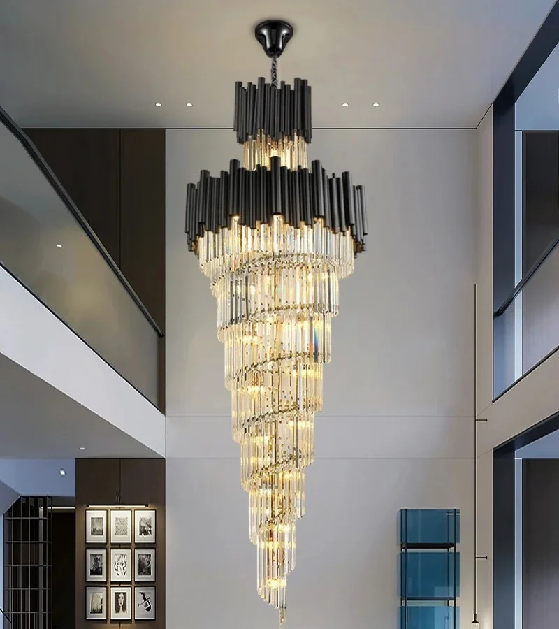 

Modern Black Staircase Chandelier Luxury Crystal Home Decor Hanging Lamp Led Large Lighting Fixtures Round Cristal Stair Lustre