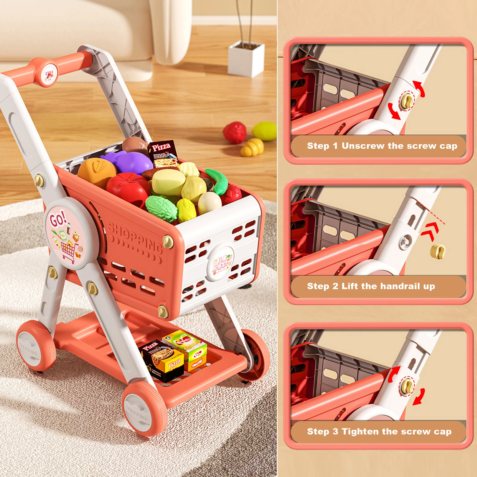 Kids Shopping Cart Toy with 29 Fruit Vegetable Food Accessories Role-Playing Mini Shopping Trolley Pretend Play Grocery Shopping 3