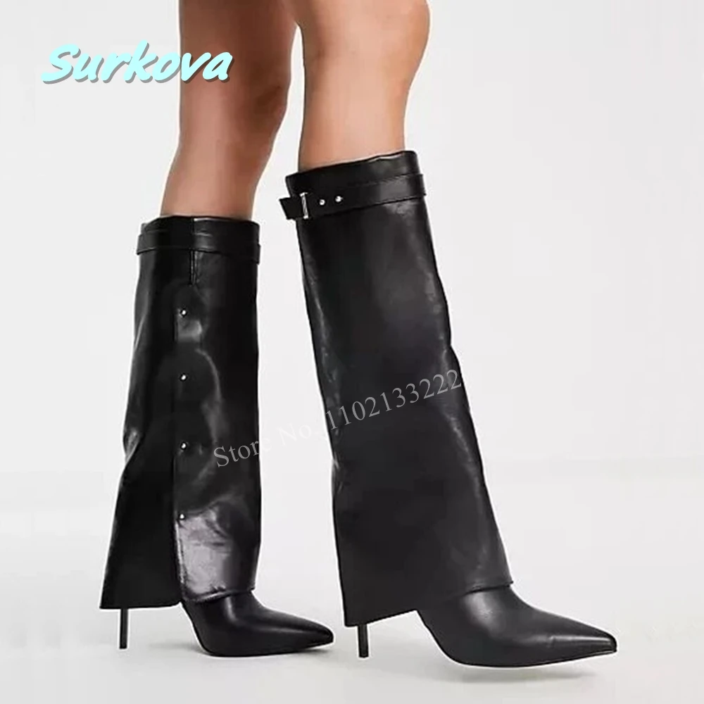 

Black Folding Stiletto Women's Knee Boots News Solid Matte Leather Thin High Heel Pointed Toe Leisure Party Catwalk Shoes Daily