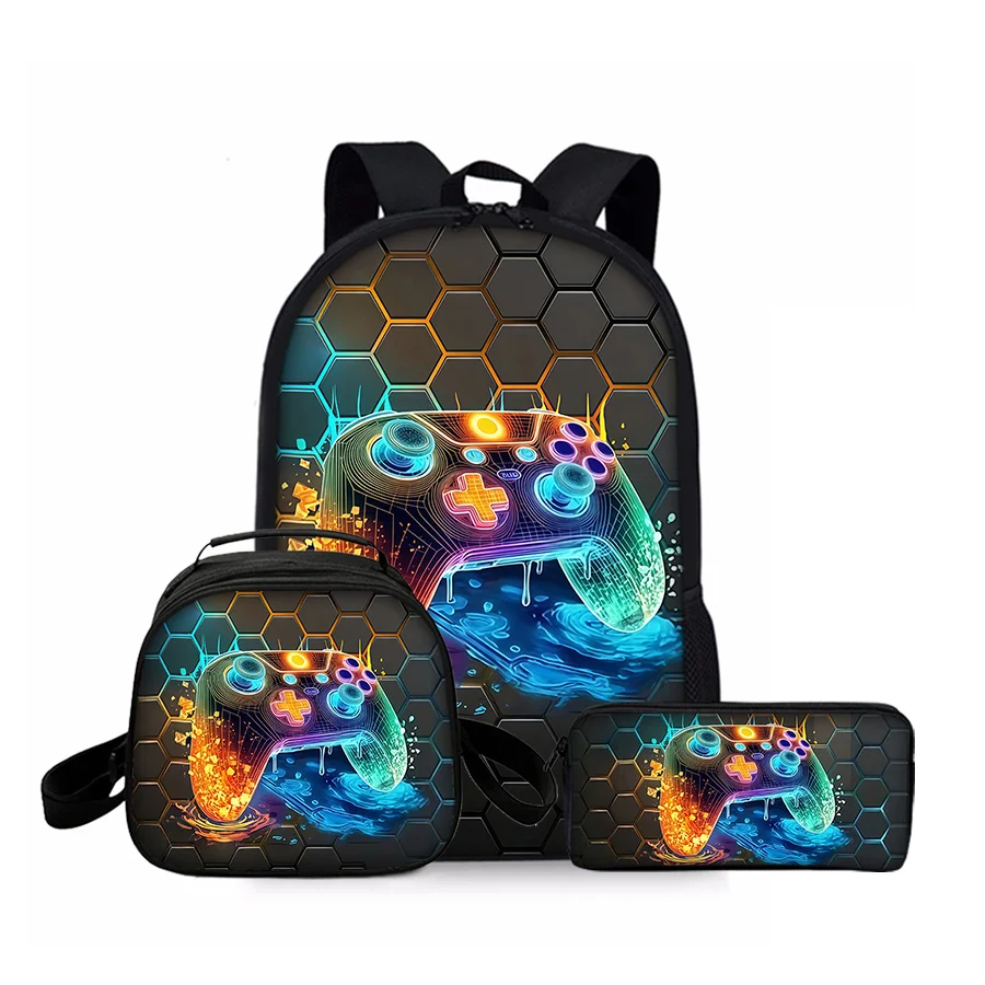 Game controller 3D cartoon school backpack 3-piece set front view