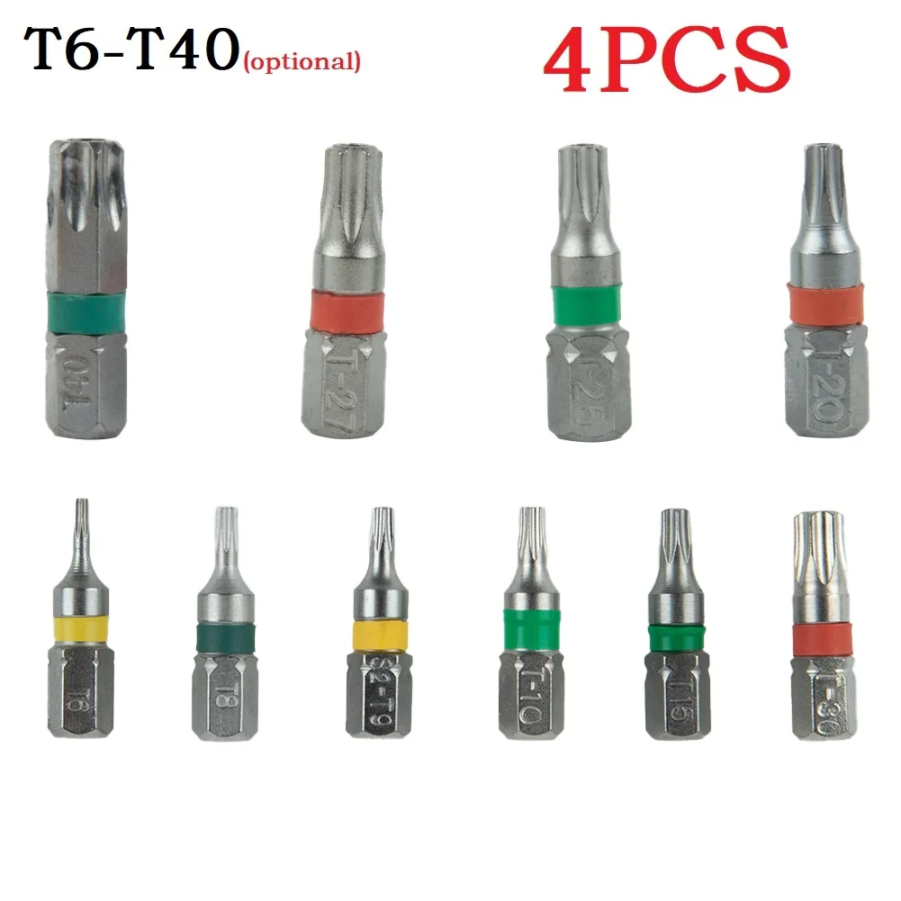 

4Pcs 25mm Magnetic Torx Screwdriver Bits Set 1/4'' Hex Shank Electric Screwdriver Head T6/T8/T9/T10/T15/T20/T25/T27/T30/T35/T40