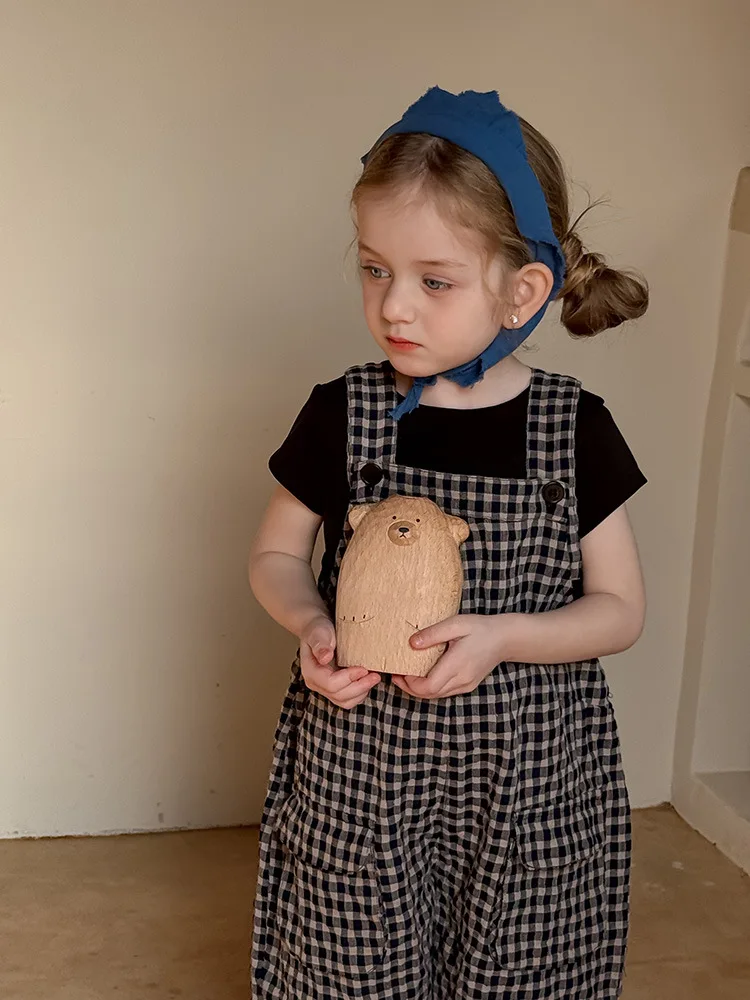 2025 Spring New Children Plaid Overalls Cotton Boys Thin Casual Pants Breathable Baby Girls Loose Strap Trousers Kids Clothes