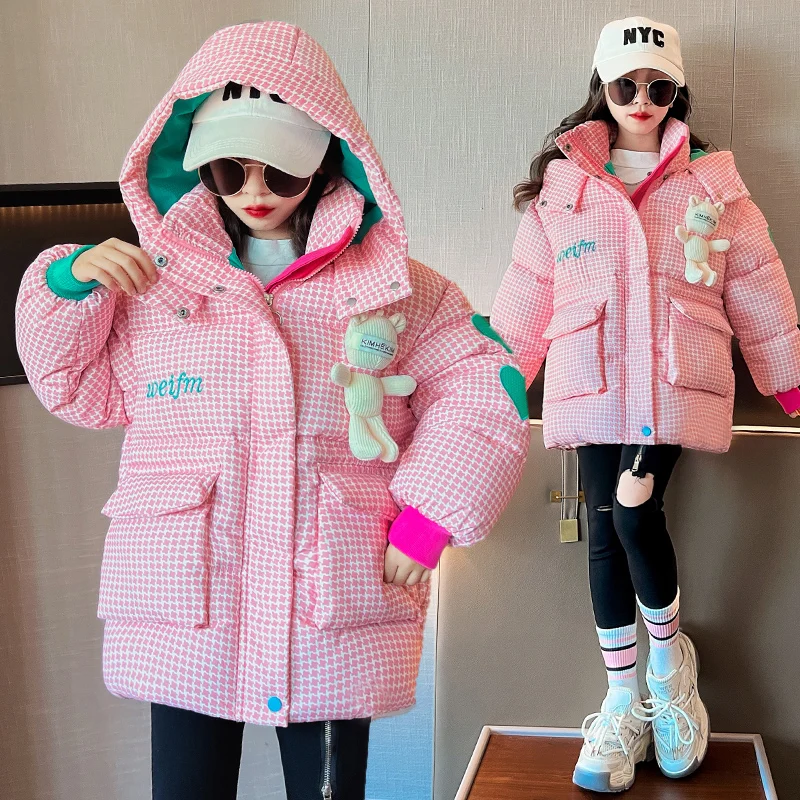 Girls Short Parkas Winter Cotton Jacket Houndstooth Fashion Spliced Hooded children jackets,girls coat,down jacket