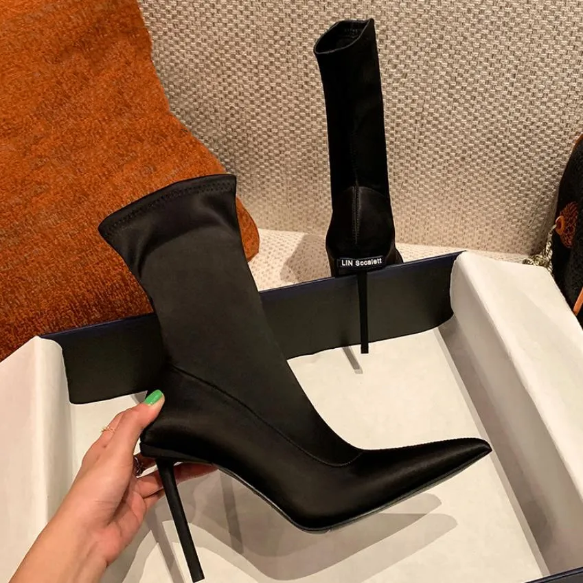 

INS Elastic Boots Women Black Pointed Toe Botas Femininas Skinny Botines High Heels Ankle Boots Party Designer Shoes For Girls