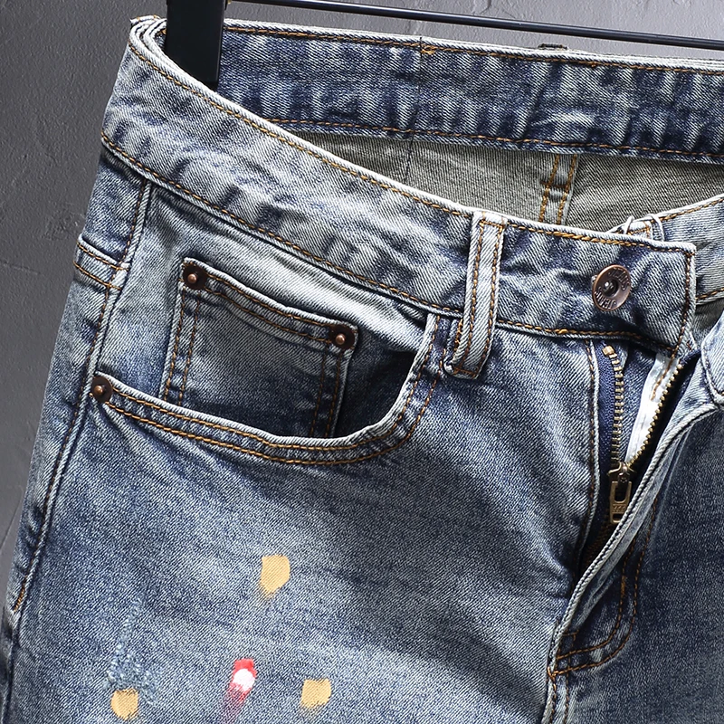 Street Fashion Men Jeans Retro Blue Elastic Stretch Skinny Fit Vintage Ripped Jeans Men Painted Designer Hip Hop Pants Hombre