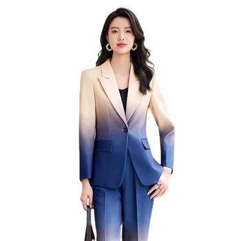 HIGH STREET Newest Fashion 2024 Designer Suit Set Women's Gradient Color Printed Single Button Blazer Flare Pants Suit 1