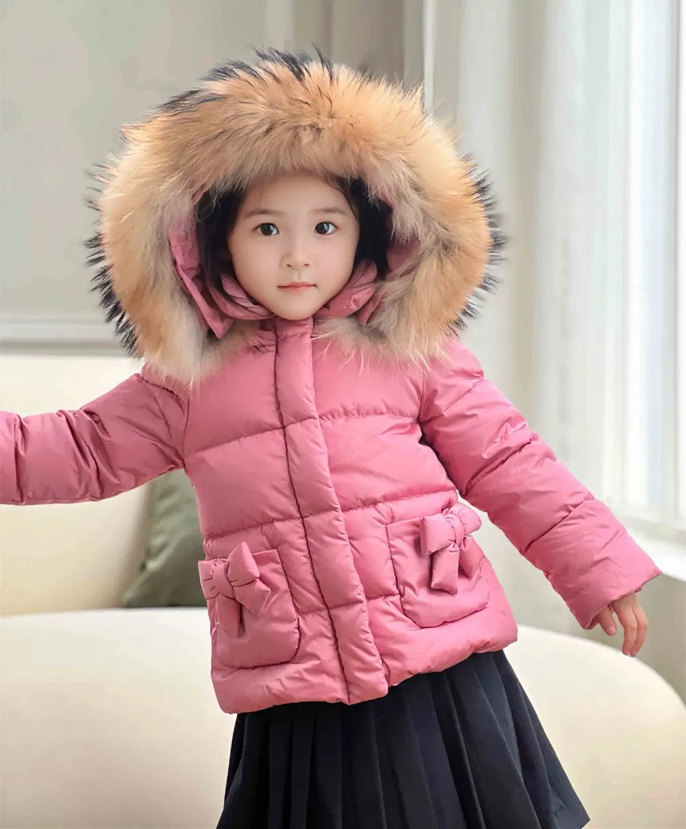 winter clothes kids coat Big fur collar girl's pink sweet down jacket Bow pocket warm down jacket