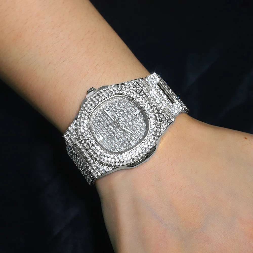 Sa61fbb84122a439f8c691327b4042e53O Men Women Hip Hop 16mm Iced Out Shiny Cuban Chain Necklace+Bracelet Set With Variety of Styles Personality Rhinestone Watch Mallzona