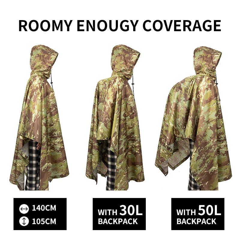 Outdoor Men's Rain Poncho - Multifunctional Waterproof Camouflage Cover for Camping, Hunting, Clothes Shelter, Tent - Military Emergency Raincoat