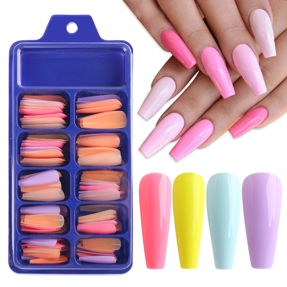100pc/box Coffin Fake Nails Acrylic Press On Manicure Tips Colorful False  Fingernail Almond Artificial Nails Tool Be1895 - False Nails - AliExpress