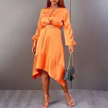 

VONDA 2022 Casual O Neck Sundress Women Spring Baggy Dresses With Belt Ladies Solid A-Line Long Sleeve Hem Sundress Vestidos