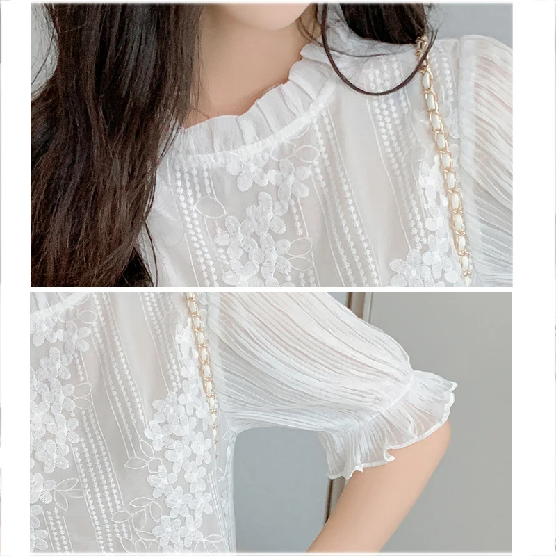 Summer Women Blouse Short Sleeve Embroidery Lace Chiffon Blouse Shirt Blouse Women Blusas Mujer De Moda 2025 Blouses Femme 18927