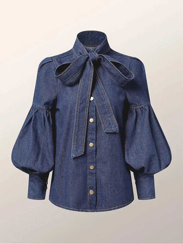 Gymystars New Trendy Imitation Denim Blouse Tops for Women Long Puff Sleeves Bow-Embellished High Neck Women's Autumn Shirts 5