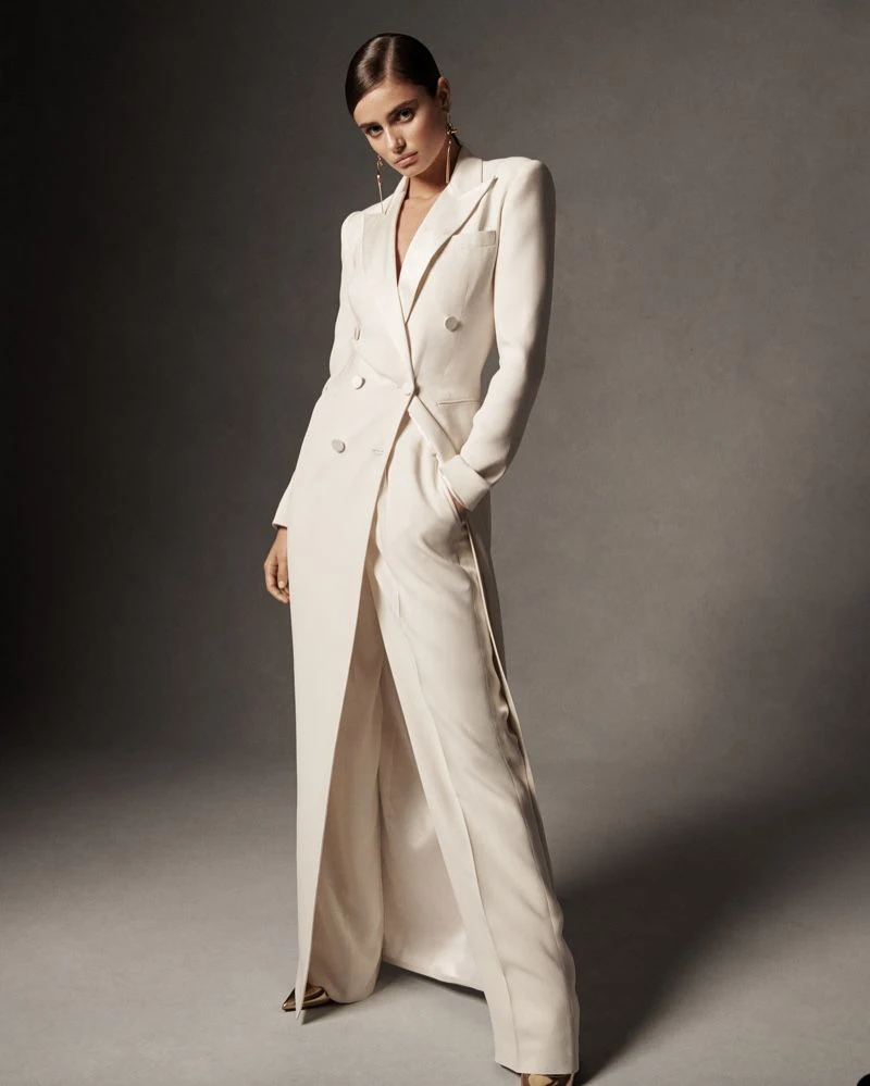 

Designer White Women Suits Office Sets Double Breasted Long Blazer+Pants 2 Pieces Custom Made Formal Prom Dress костюм женский