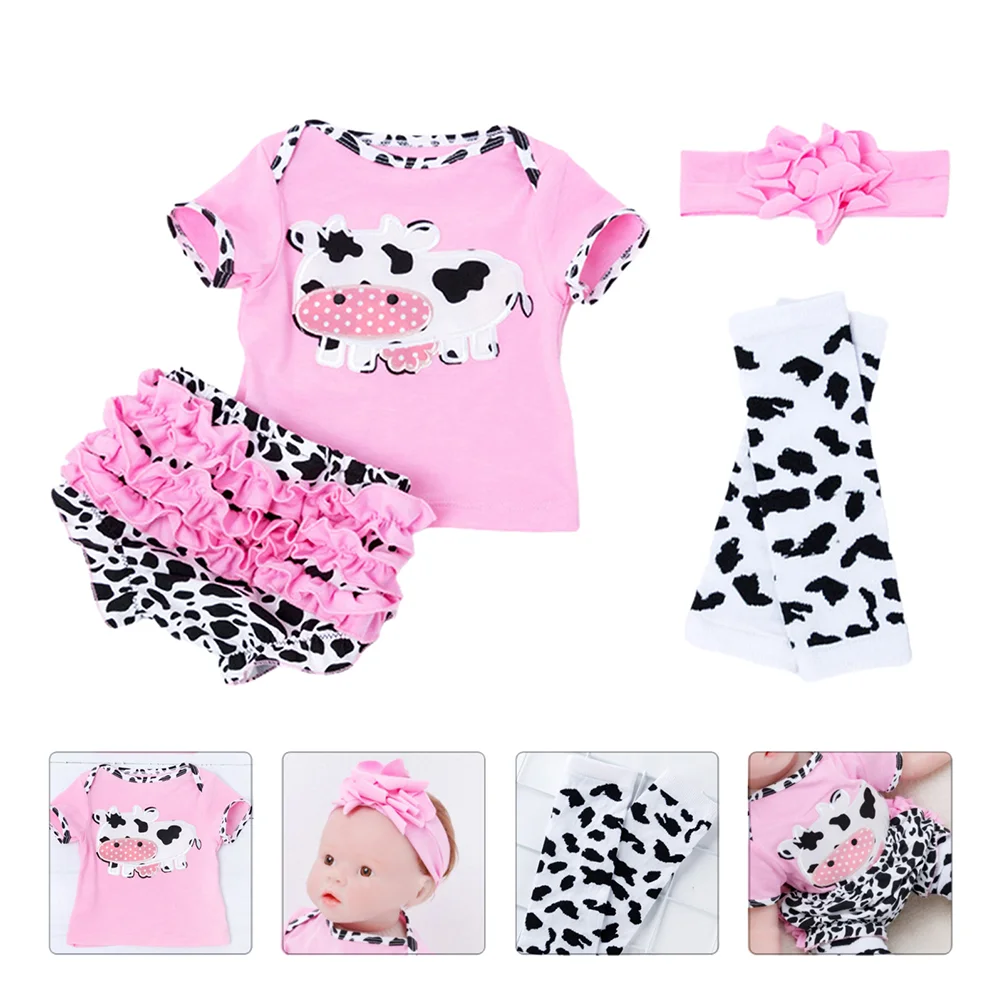 

4 Pcs Cow Clothes Girls Reborn Baby Clothing Outfit Accessories Cartoon Dolls Matching Newborn Combed Cotton