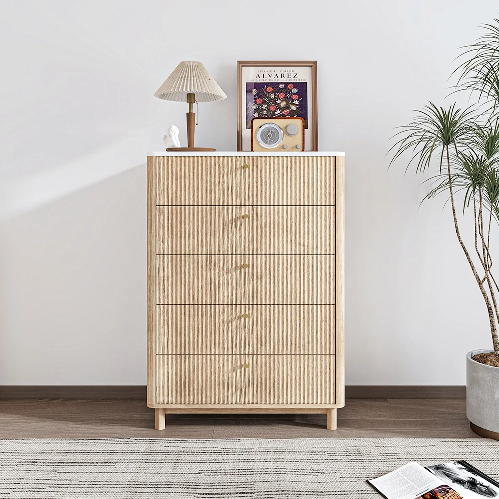 ตู้ลิ้นชัก 5 ชั้น ลายไม้ หน้าท็อปลายหินอ่อน สำหรับห้องนั่งเล่น ห้องนอน ตู้สูง ตู้เก็บของ 1