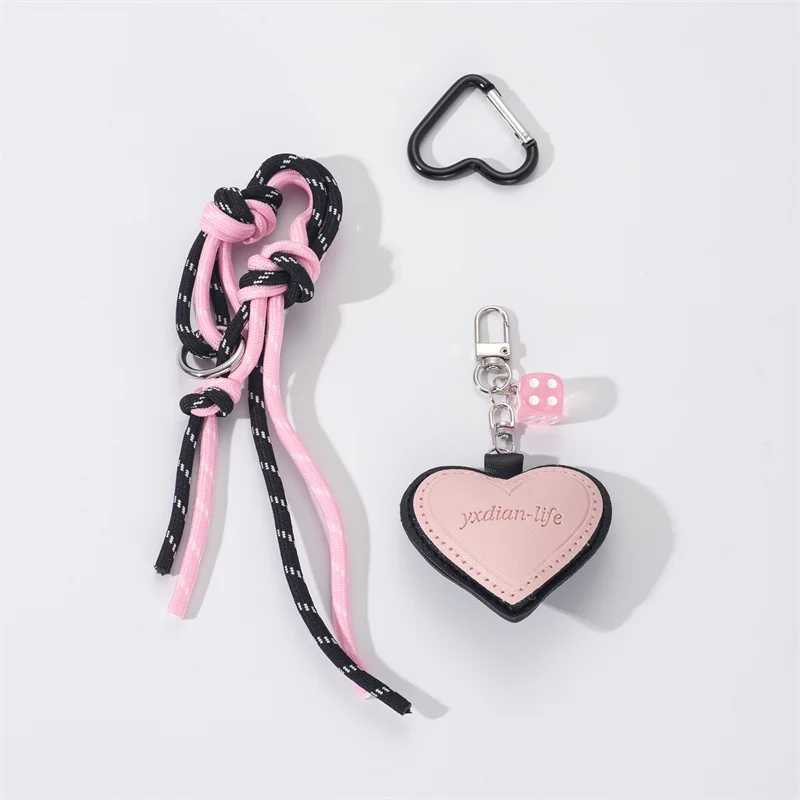 Cartoon Pink Heart-shaped Leather Pendant Keychain Personality Creative Pink Dice Women's Bag Key Chain Trinket for Female Gift