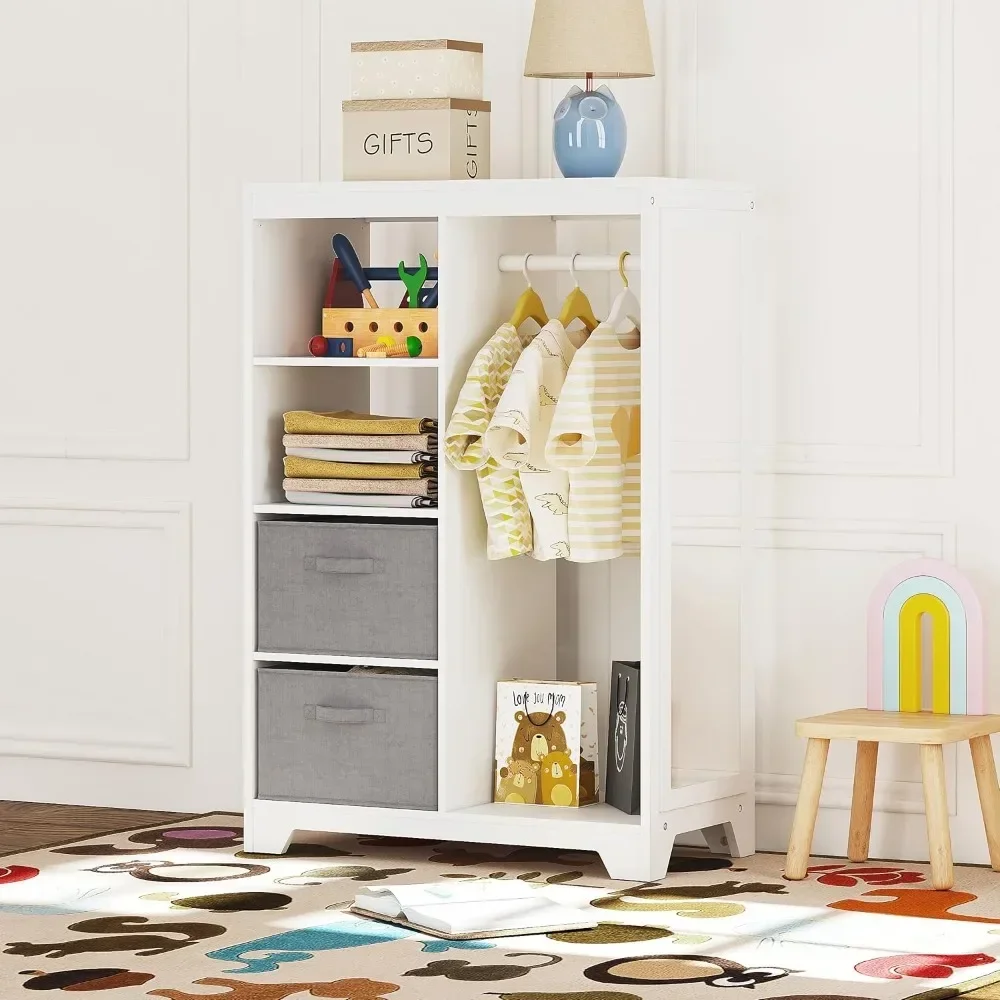 Children's Wardrobe with Long Mirror, Children's Wardrobe with 2 Storage Compartments, Hanging Clothing Wardrobe,