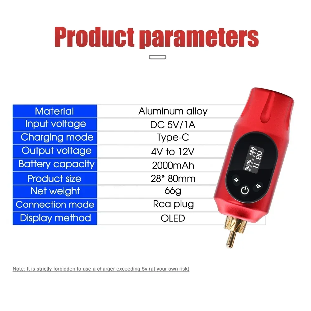 Professional Wireless Tattoo Power Supply 2000mHa Rechargeable Mini Portable Tattoo Battery RCA Jack for Rotary Tattoo Machine 5