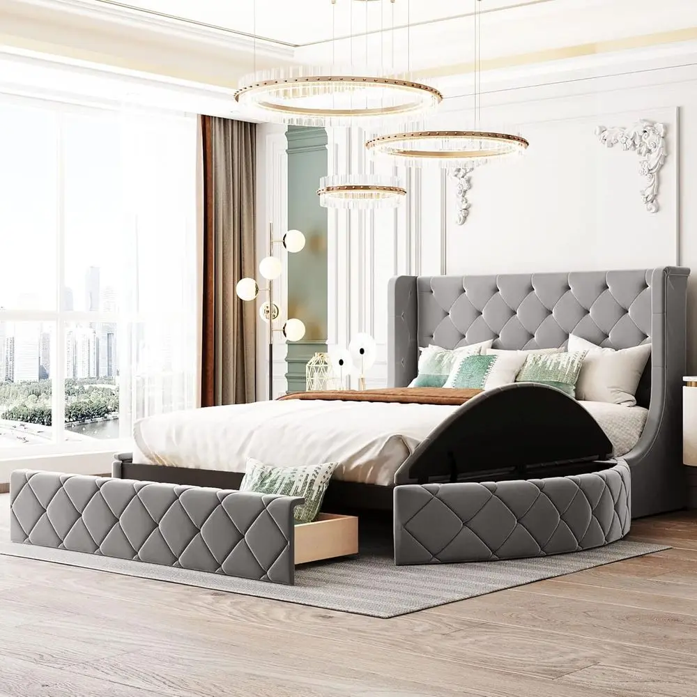 Grey Velvet Storage Bed 1