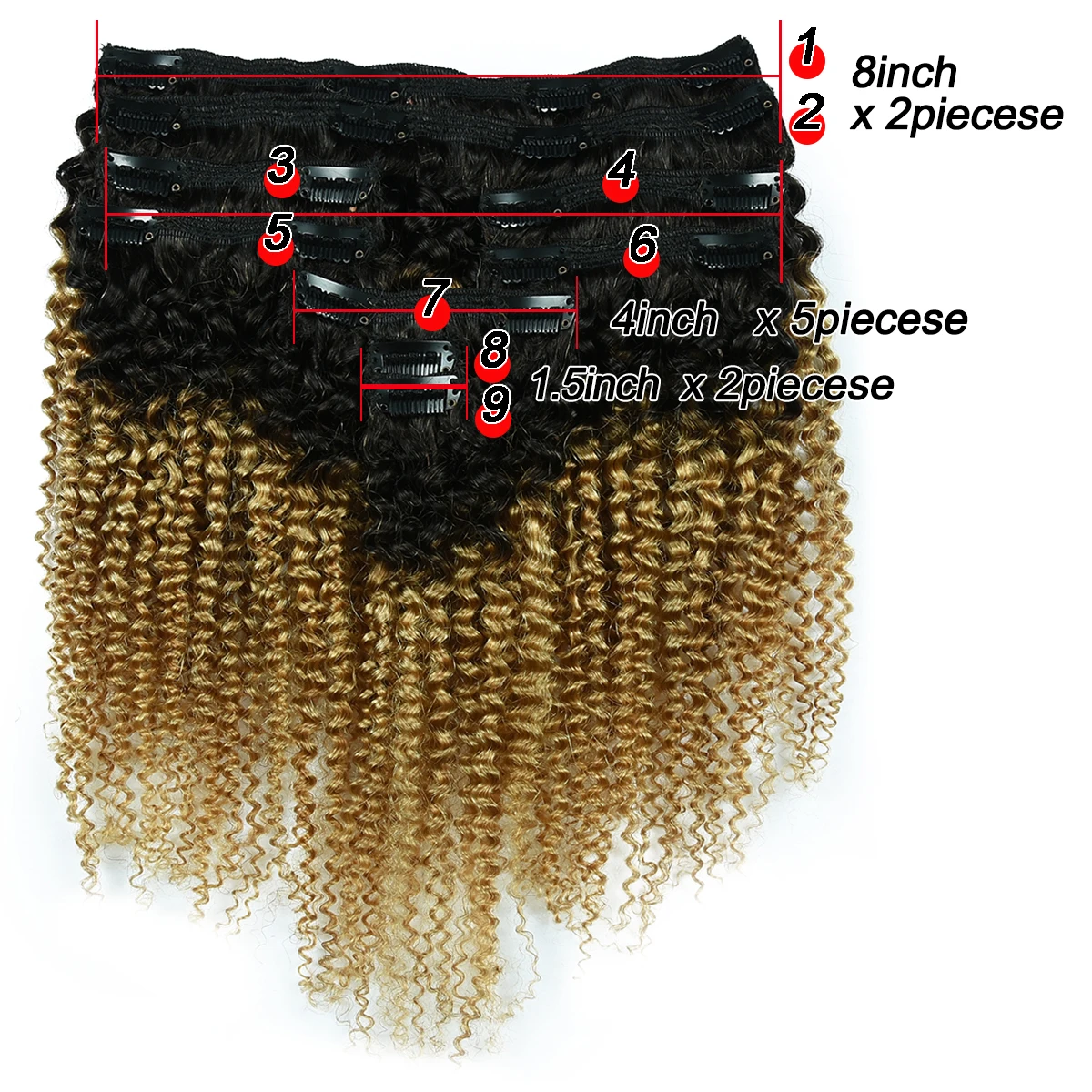 T1B/27 9PCS Human Hair Clip In Extension Kinky Curly Clip In Human Hair Extension 9 Pieces/Sets Full Head HairUGo