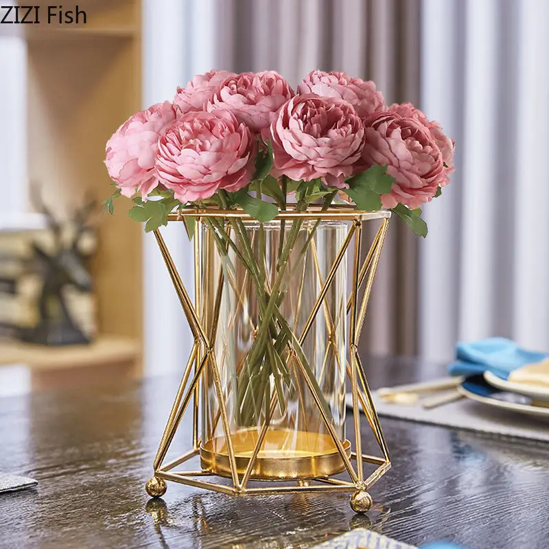Golden Vase Metal Flowers Pot Floral Flower Arrangement Plated Alloy