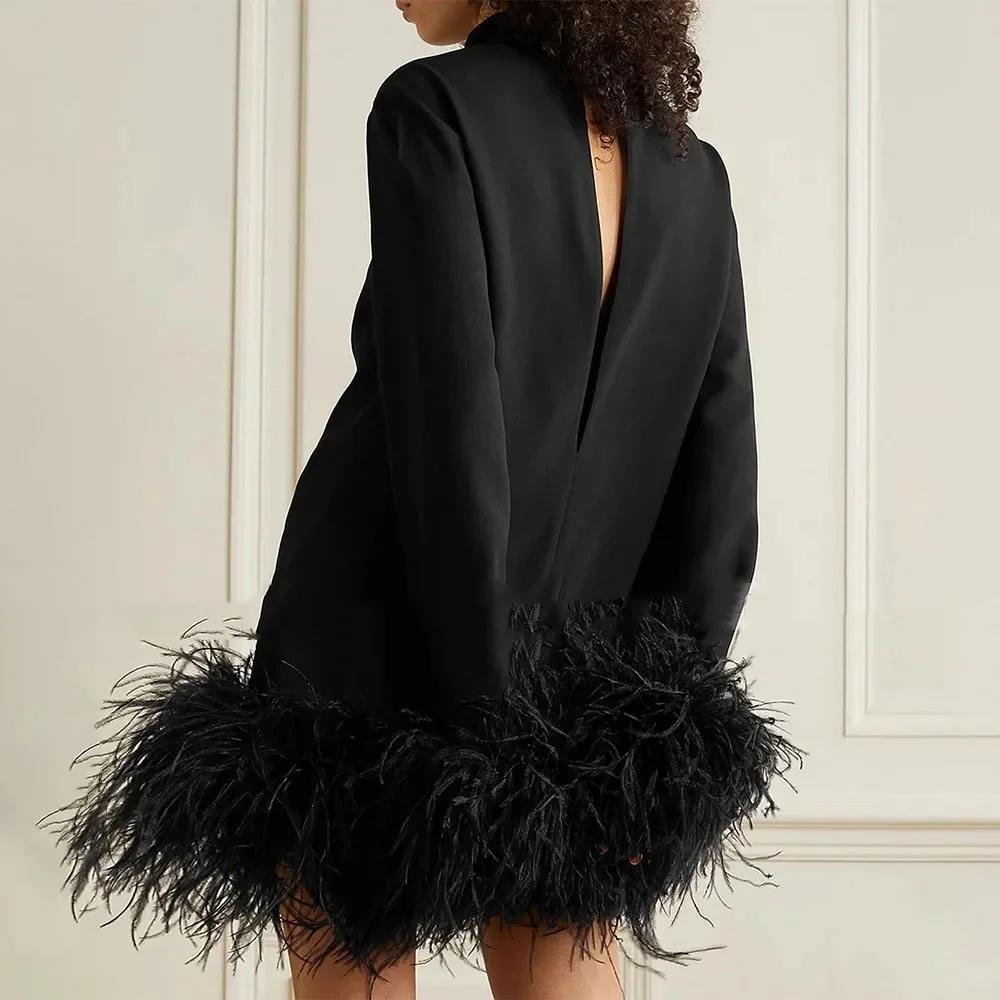 Mini Feather Long Sleeves Luxury Women's Cocktail Gowns Short A Line High Collar Cut Out Sexy Party Gown Evening Party Dress