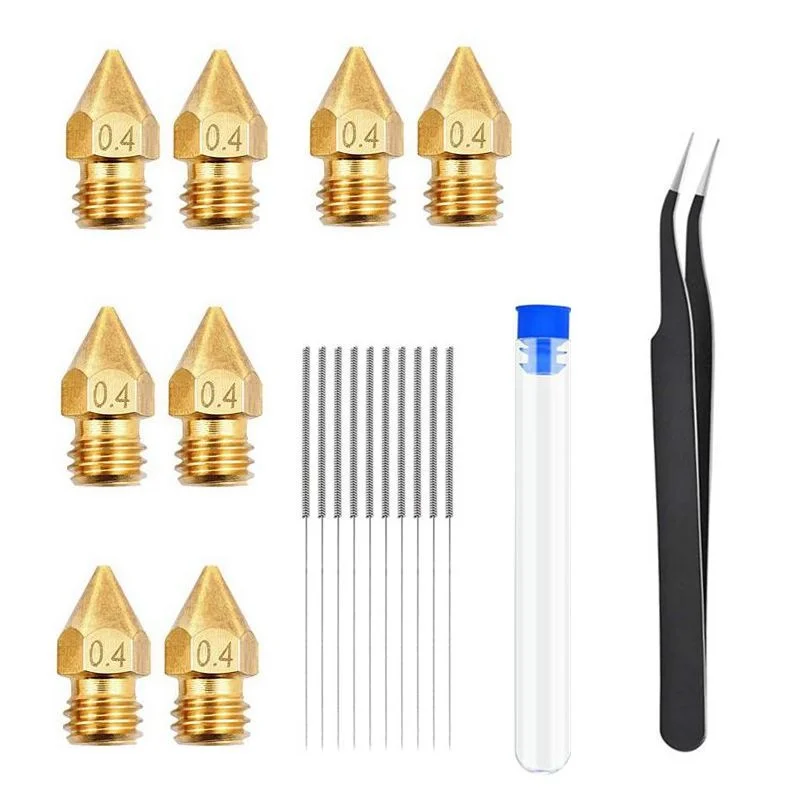 

3D Printer 10*0.4mm Filament 1.75mm Extruder Nozzles for MK8+10*Stainless Steel Nozzle Cleaning Needles+Tweezers+6MM Wrench