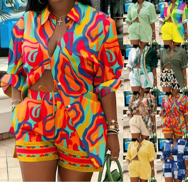 

Women 2pcs Clothes Set Long Sleeve Button Casual Shirts High Waist Shorts Pants Summer Printed Fashion Casual