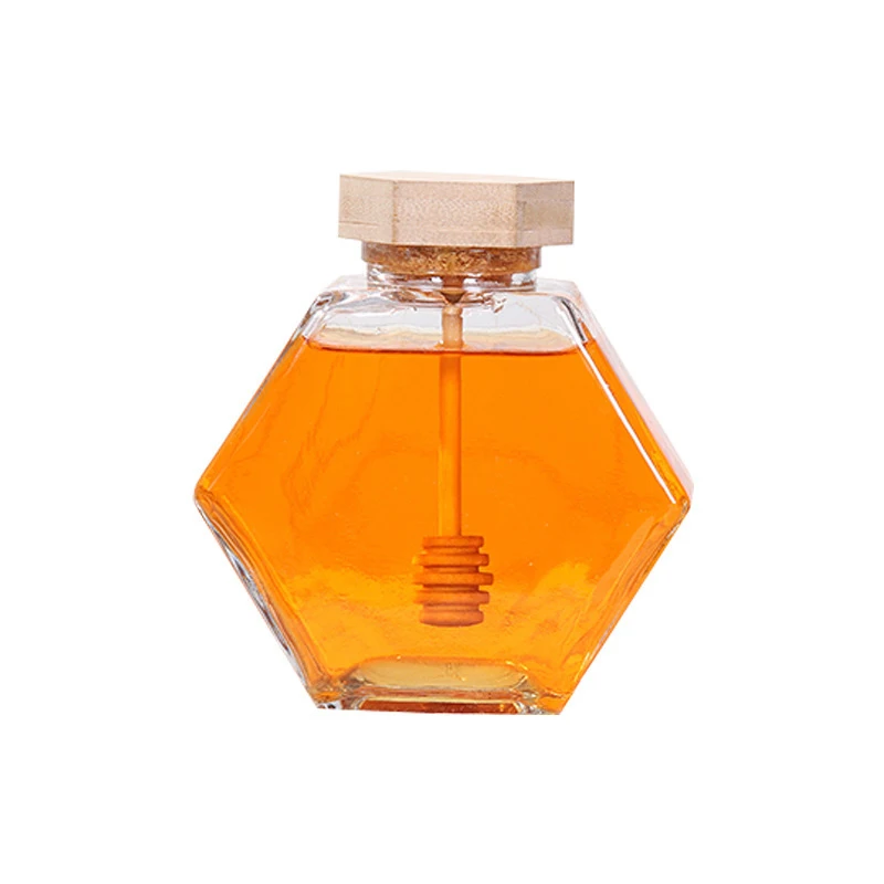 Kitchen 100ML/220ML/380ML Hexagonal Glass Honey Bottle With Wooden Honey Pot Stirring Rod Sealing Clear Jam Jar Home Storage