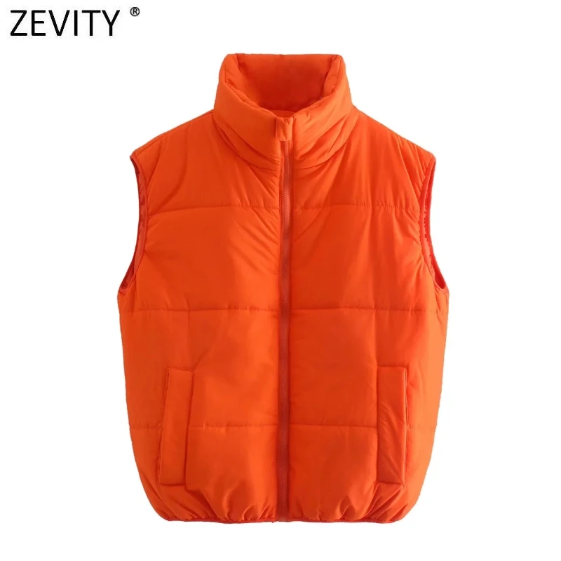 ZevityNewWomenFashionSleevelessCottonPaddedOrangeVestJacket