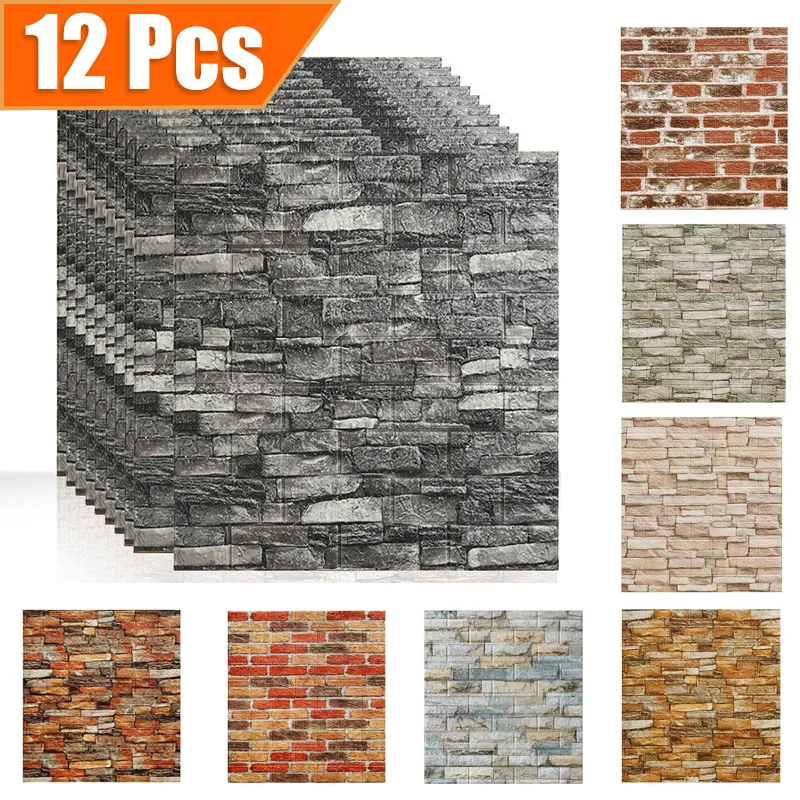 1512pcsFoam3DWallDecorStickerWaterproofSelfadhesiveBrick