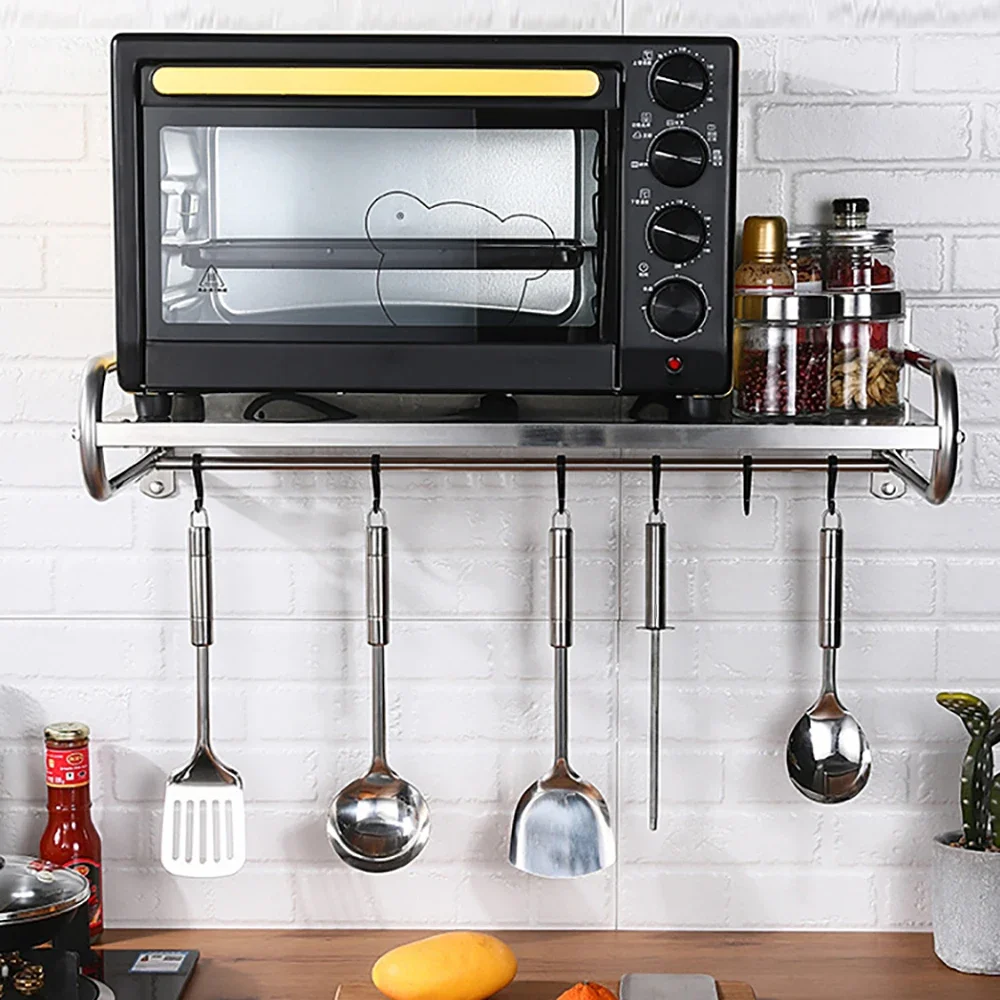 Household Grade Microwave Oven Wall Rack, high Load Bearing countertop, Stationary kit, Multifunctional Storage Rack (Silver)
