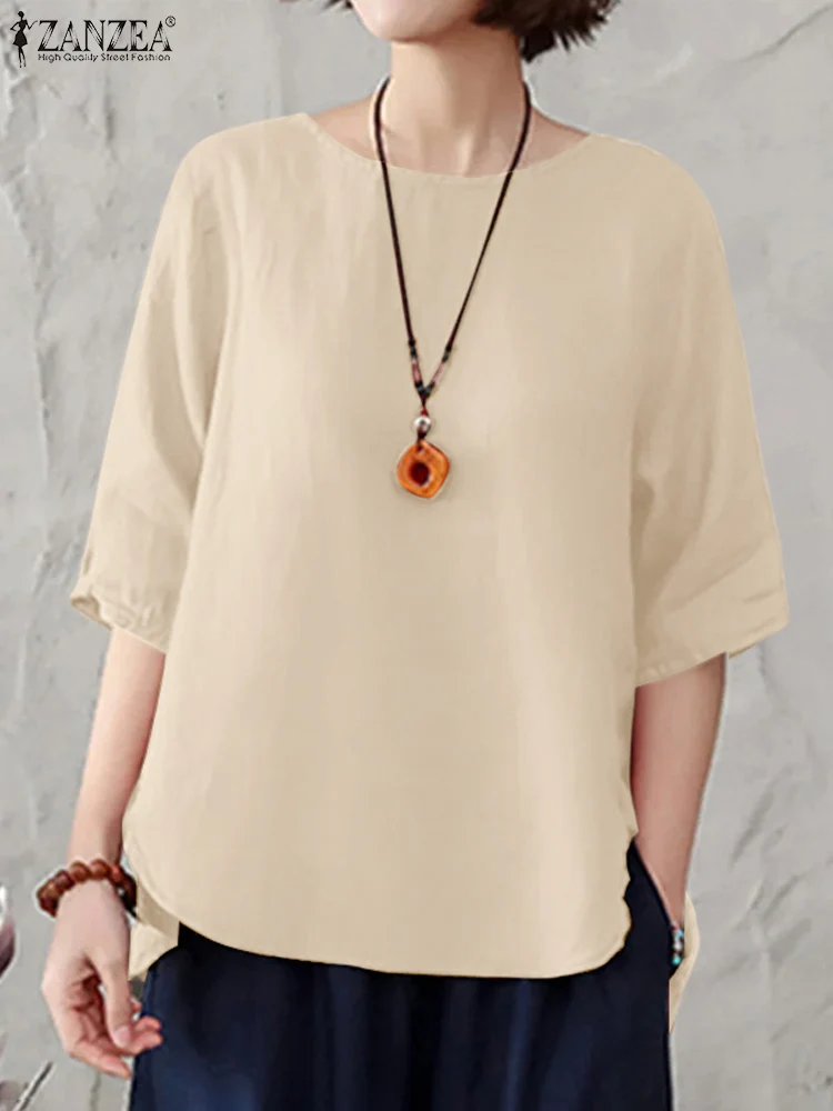 

Летняя женская блузка ZANZEA, туника, женская рубашка с круглым вырезом и рукавом 3/4, винтажные однотонные офисные блузы, повседневные свободные праздничные топы, рубашка