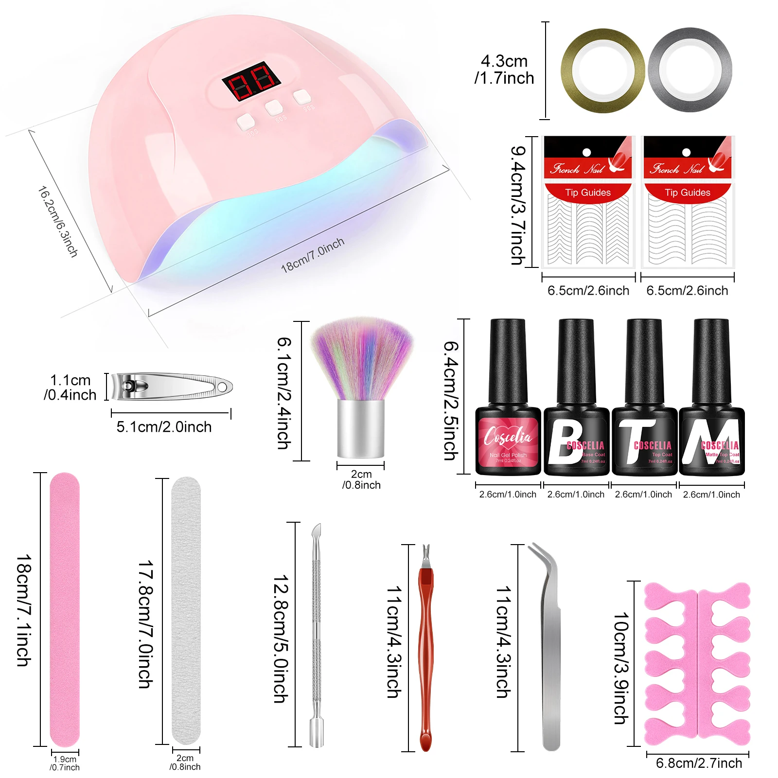 Coscelia 20PCS 7ML Nail Gel Polish Set with 36W Nail Lamp French Nail Sticker Base Top Coat Colorful Nail Cleaner Brush Nail Art 6