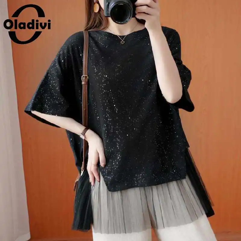 

Oladivi Oversized Short Sleeve Fashion Mesh Pleated Blouses Women Casual Loose Big Shirt Girl Top Tunic Summer Ladies Blusas 5XL