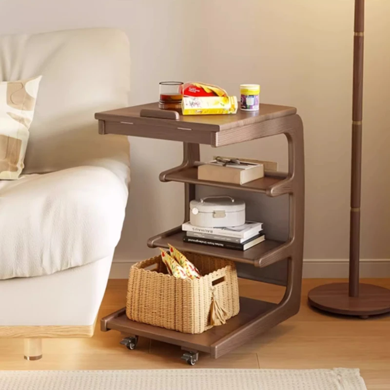 Solid Wood Movable Sofa Side Table With Wheels For Living Room Bedside Coffee Table Small Home Storage Cabinet Table