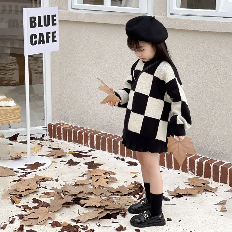 

Свитер для девочек, шерстяное пальто, детские топы, вязаные 2023 клетчатые Утепленные зимние осенние хлопковые пальто для подростков, верхняя одежда, детская одежда