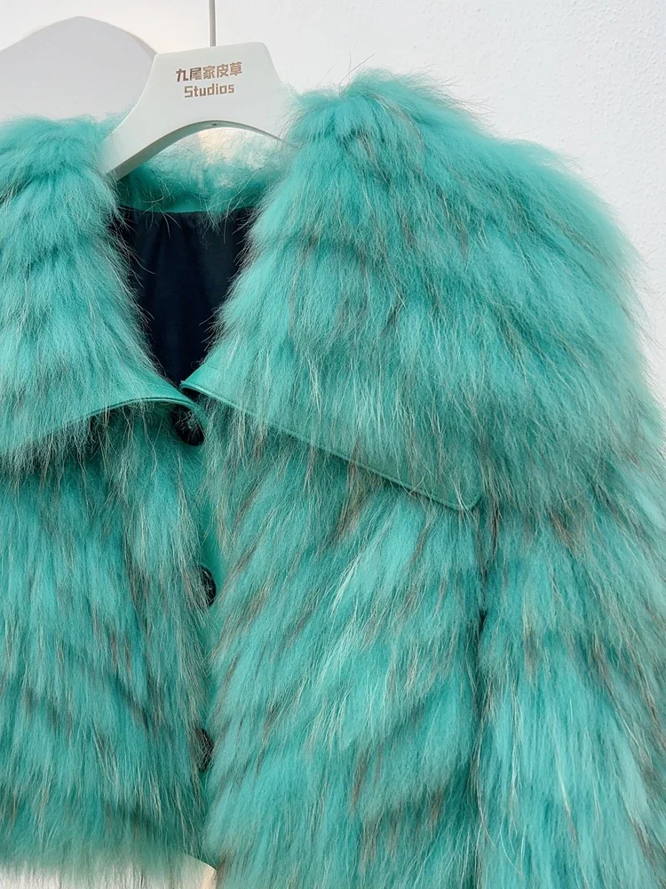 Short Real Fur of Raccoon Coat Female Young Puffy Jackets 2023 Winter Knitted Thick Warm Lapel Long Sleeves Women's Clothing 1Pc