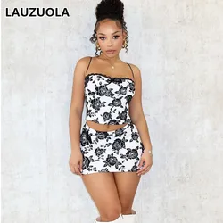 2 Piece Women Crop Top Vest And Mini Skirt Matching Set 2024 New Summer Rose Floral Print Club Party Skirts Suit Outfits