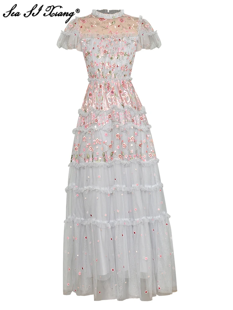 

Seasixiang Fashion Designer Summer Maxi Mesh Dress Women O-Neck Short Sleeve Sequins Flowers Embroidery Vintage Party Long Dress